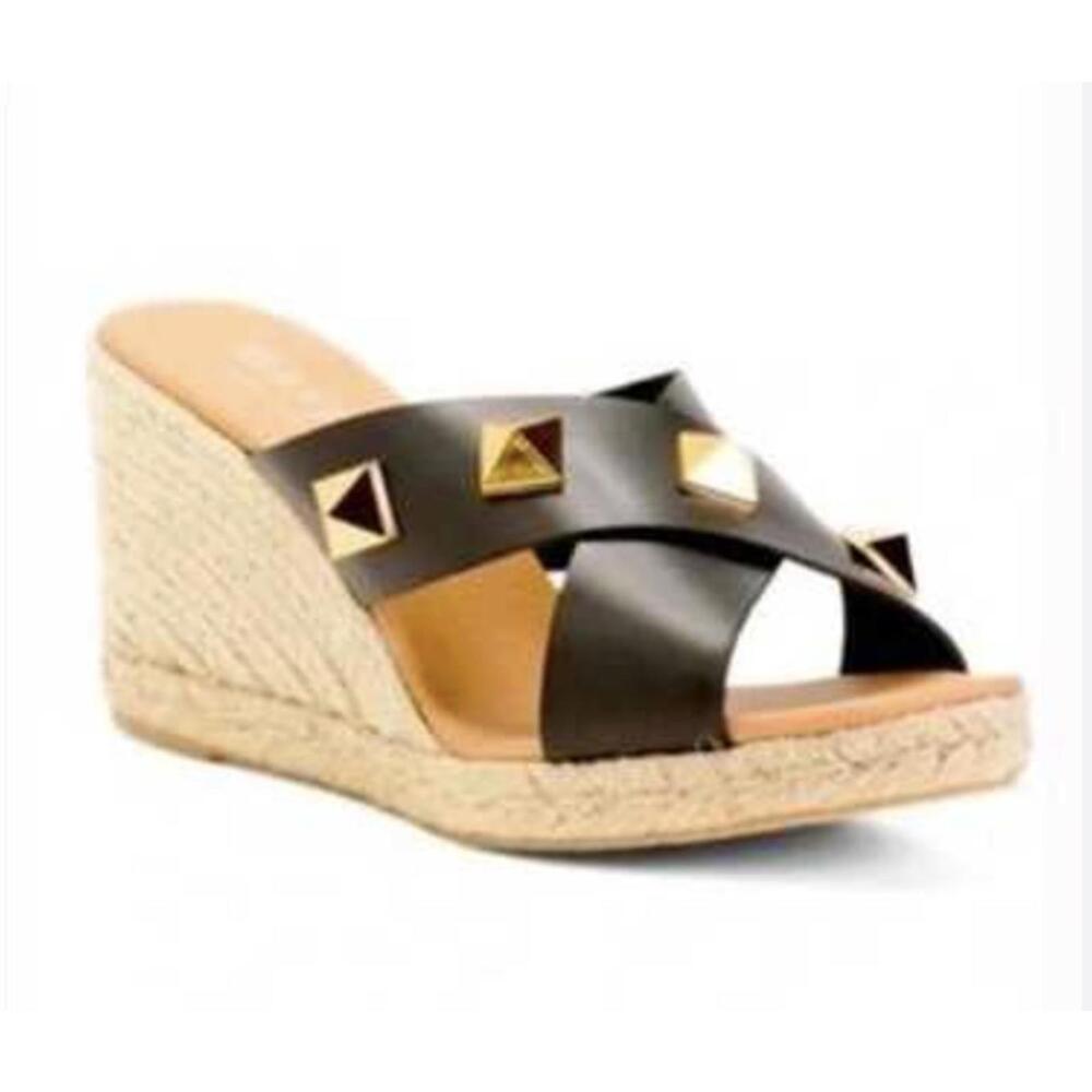 Maypol Black Leather Espadrille Wedge Sandals w Gold Studs Made in Spain, S40